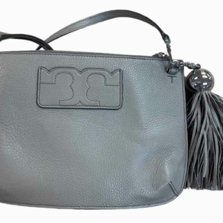 Tory Burch Gray Leather Shoulder Bag With Tassel